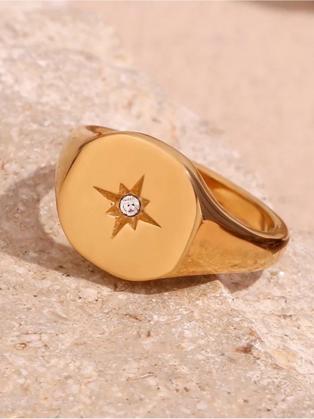 Gold Star Signet Ring with Diamond Accent - Women Jewelry